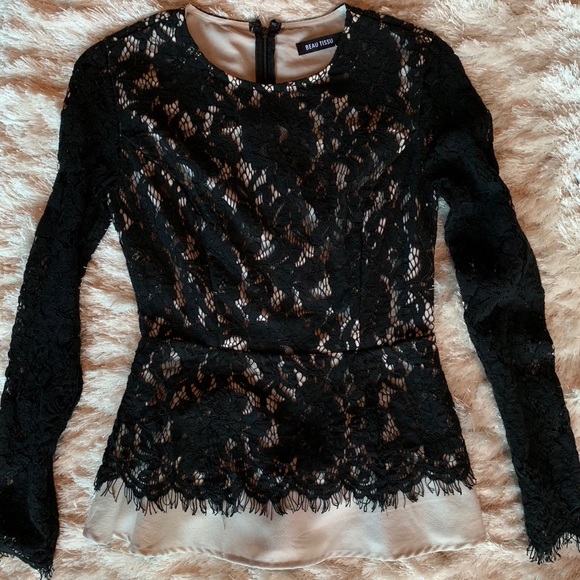 Long sleeve black lace overlay peplum top - Picture 1 of 4